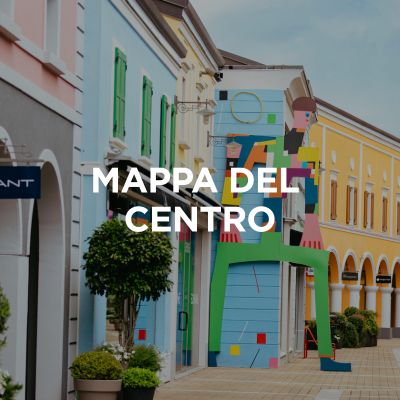 L'immagine mostra una parte dell'area interna del Palmanova Designer Village. Sopra di essa è posizionato il testo: “Mappa del centro”.
